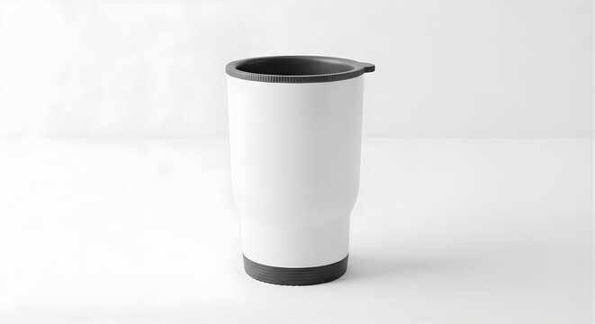 Isolated blank white travel tumbler with black lid, reusable beverage container for coffee or tea, mock up display ready