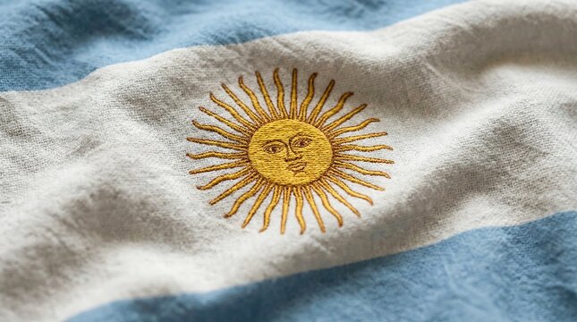 Argentina fabric flag with embroidered sun symbol. National banner with textile texture for independence day celebration. Patriotic symbol and pride concept representing South American country.