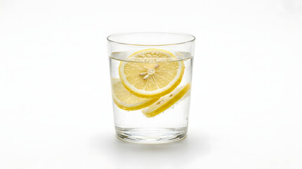 Fototapeta premium Sparkling water with fresh lemon slices in a clear glass on white background.