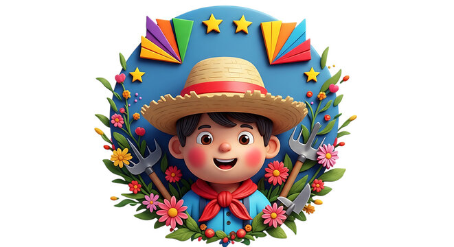 Happy boy farmer with straw hat and flowers cartoon style isolated on transparent background