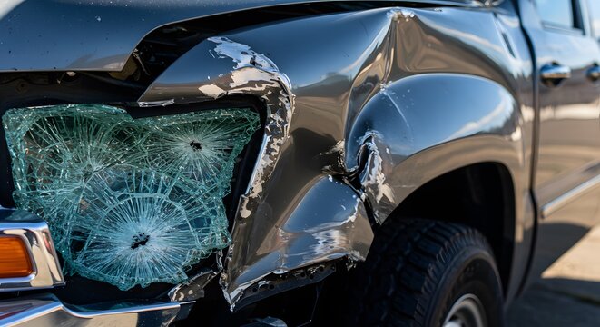 Close-up of a car with a smashed windshield after an accident