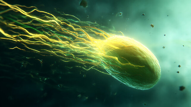 Abstract glowing sphere with trailing tendrils symbolizing ecological sustainability and green energy