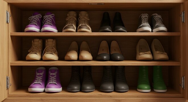 Wooden shoe rack with various footwear in a home entryway