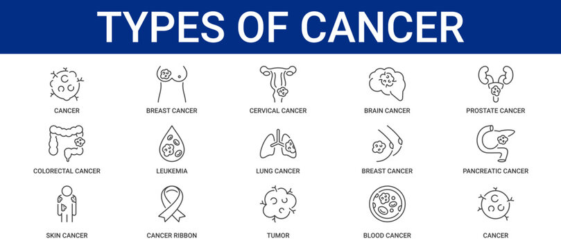 Types of Cancer icon set containing breast, cervical, brain, prostate, colorectal, leukemia, lung, pancreatic, blood, and skin cancer vector icons