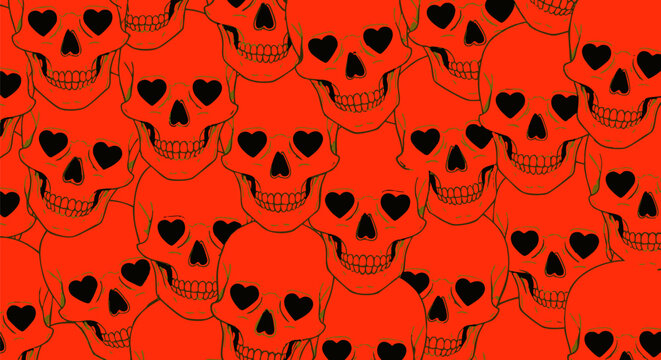 Gothic skull pattern with heart eyes, red aesthetic human skulls background, edgy romantic vector illustration for textile and wallpaper