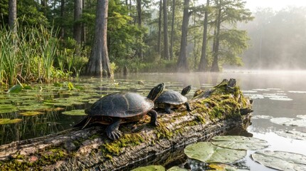 Obraz premium Two turtles on a log in serene natural water