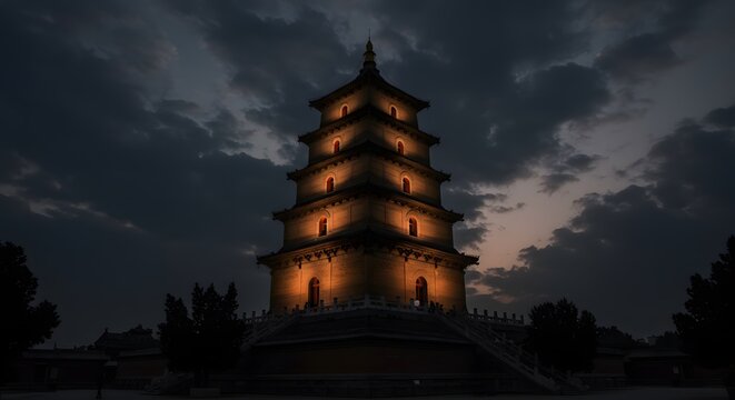 Traditional asian pagoda illuminated at night under a dramatic sky