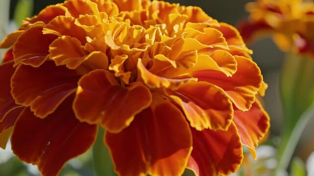 Radiant cempasuchil flower filling the frame with velvet orange ruffles, glowing petal edges, and creamy garden blur, a lush sunlit floral portrait with layered texture and festive warmth