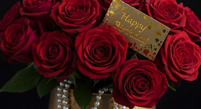 Bouquet of red roses with a happy birthday greeting card