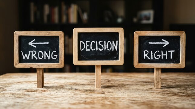 Chalkboards with wrong decision and right with arrows symbolize choice on a wooden table
