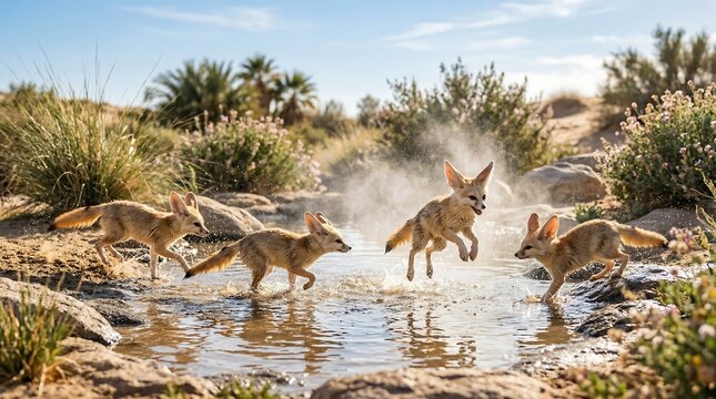 Group of fennec foxes playing and splashing water in a desert oasis. Small wild animals enjoying a refreshing moment in nature. Vibrant wildlife scene depicting active desert predators.