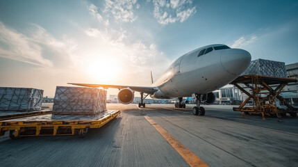 Fototapeta premium Cargo airplane loading freight containers at airport during sunset