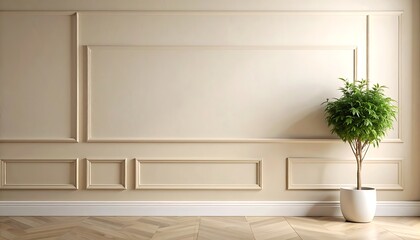 Fototapeta premium A potted tree stands against a beige wall