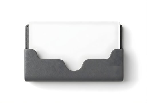 Isolated grey textured stone business card holder containing blank white cards, professional desk organizer, office stationery display