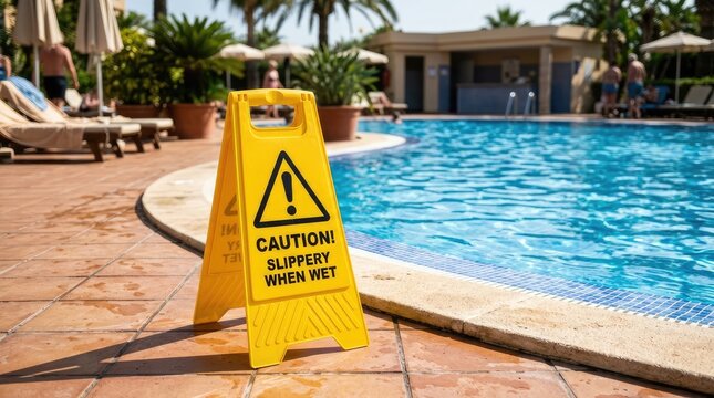 A yellow caution slippery when wet sign stands by a resort swimming pool on a sunny day
