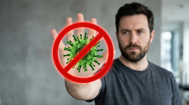 Man makes a stop gesture to prevent the spread of a dangerous virus