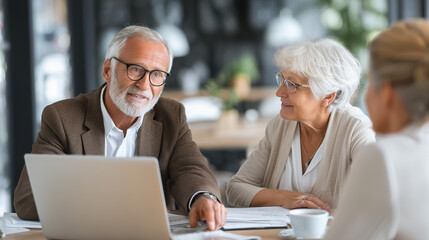 Obraz premium Financial advisor discussing retirement planning and financial security with senior couple at desk, focusing on savings, pension, and future stability