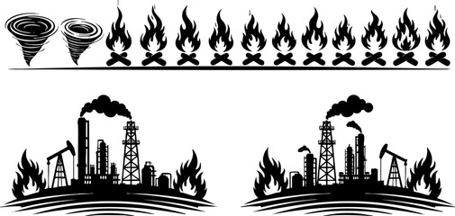 Fototapeta premium Industrial factory disaster vector set, burning oil refinery silhouettes with smoke, natural disaster icons featuring tornadoes and fire flames