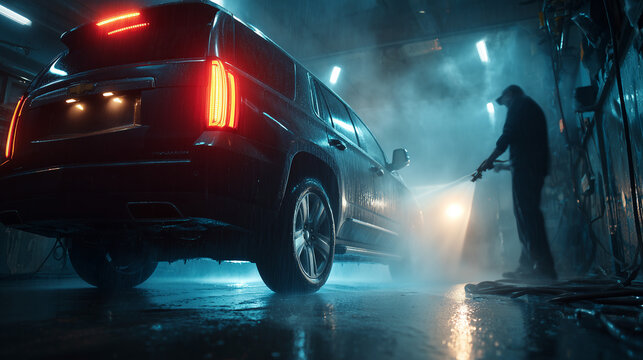 Low angle view of a man pressure washing a dark SUV during a car wash, capturing cleaning action, water spray, and vehicle maintenance outdoors