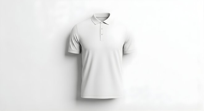 Isolated plain white polo shirt with collar and button placket, realistic garment mockup for branding, apparel design template