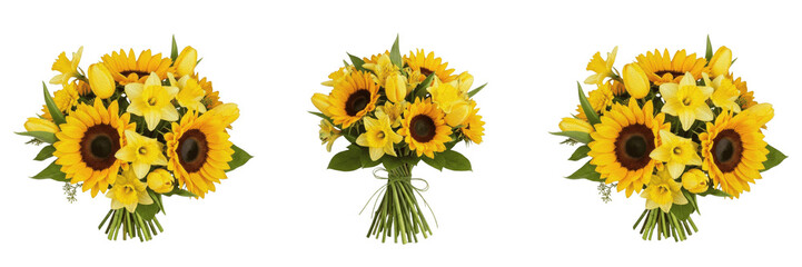 Obraz premium Sunflowers Bouquet: Bright Yellow Floral Arrangement, Summer Garden Flowers, Cheerful Sunflowers in Vase, Botanical Gift Decor PNG.