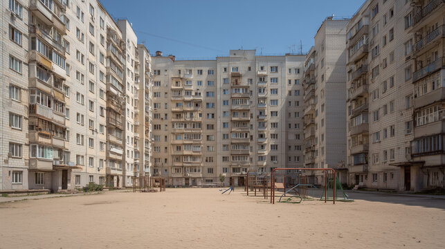 Soviet style apartment blocks surrounding a quiet courtyard, showcasing repetitive urban architecture, residential housing, and post communist city atmosphere