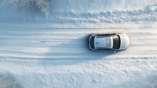 Top view of a car driving on a snowy road during winter, partially covered by snow, capturing cold weather travel and seasonal transportation