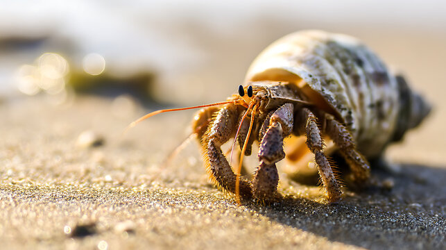 Hermit crab on sandy beach emphasizing natural beauty and tranquility