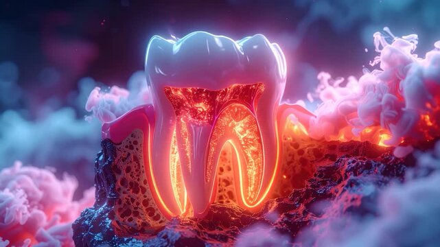 A cross-section of a tooth, glowing. Abstract, digital rendering