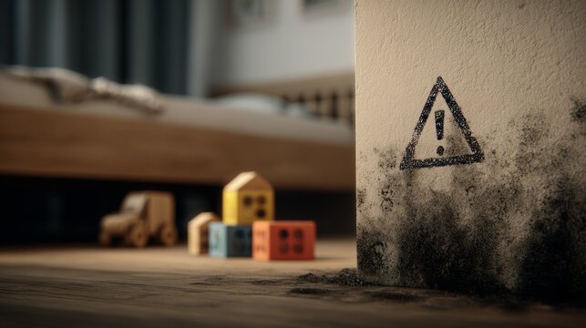Stachybotrys chartarum black mold on the wall of a child's room is marked with a warning
