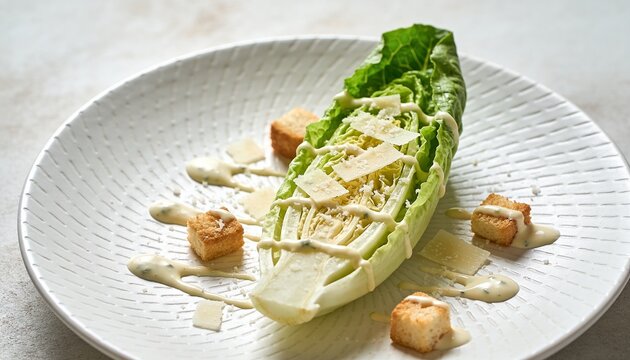 A modern deconstructed Caesar salad featuring a crisp romaine lettuce heart wedge topped with shaved parmesan cheese, golden croutons, and a creamy dressing drizzle on a textured white plate.