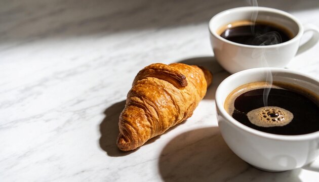 a golden, flaky croissant resting on a white marble surface, accompanied by two white ceramic cups of black coffee. Steam rises gently from the coffee, and the scene is defined by sharp, dramatic shad