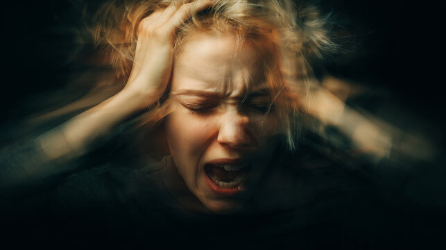 Terrified woman screaming in emotional distress with motion blur effect, representing anxiety, panic attack, trauma, and mental health crisis.