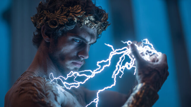 Mythological Greek god summoning electric lightning power from his hand in a dramatic cinematic fantasy scene with divine energy and epic atmosphere