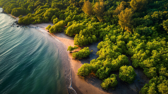 Aerial view of tropical mangrove coastline with winding river channels, showcasing lush wetlands, pristine nature, and vibrant coastal ecosystem.