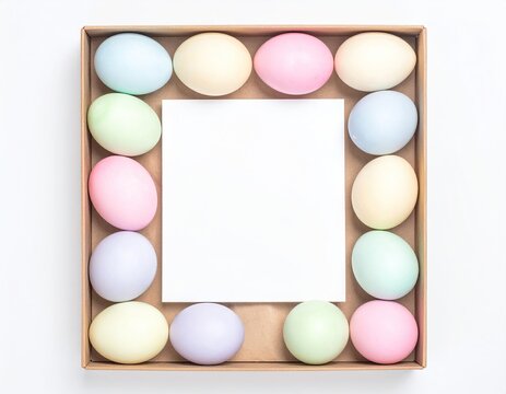 Pastel eggs in a cardboard box around a blank square