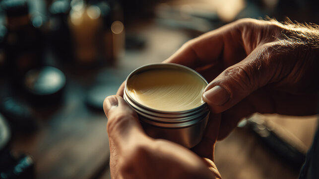Close up of hands holding hair styling pomade from a small container, highlighting grooming routine, texture, and modern barber or salon haircare product