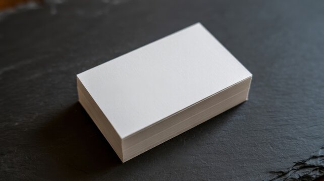 A stack of blank white business cards on a dark slate background