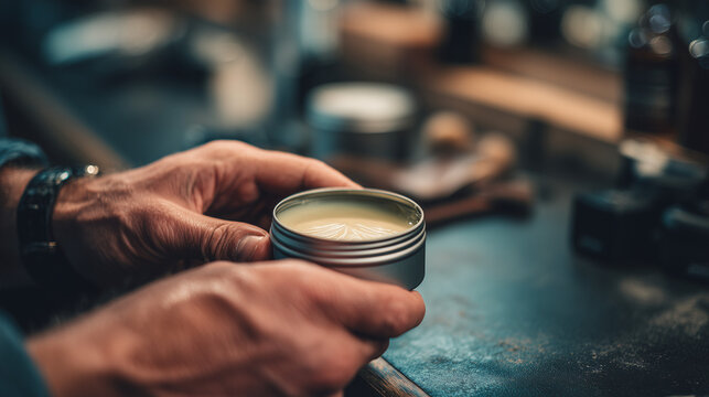 Close up of hands holding hair styling pomade from a small container, highlighting grooming routine, texture, and modern barber or salon haircare product