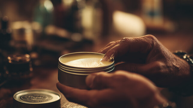 Close up of hands scooping hair styling pomade from a small container, highlighting grooming routine, texture, and modern hairstyling product use