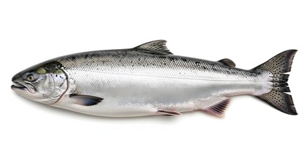 Obraz premium Freshly Caught Salmon Ready for Market or Cooking Preparation on a White Background Displaying Silver Scales and Distinctive Fin Structure
