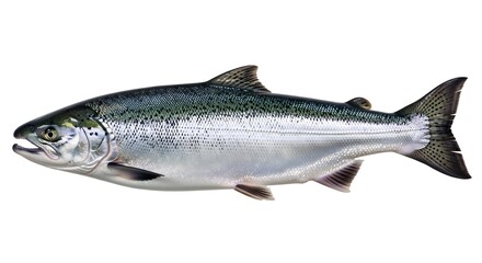 Obraz premium Freshly Caught Chinook Salmon Ready for Culinary Preparation a Nutritious and Healthy Seafood Option Showing Scales and Fins on White