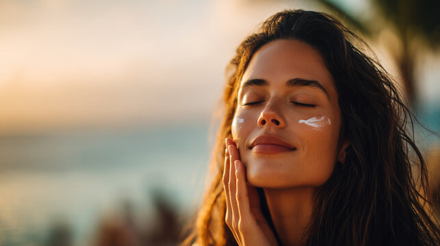 Close up portrait of a woman with dark long hair applying sunscreen on the beach during sunset, highlighting skincare, summer lifestyle, and sun protection