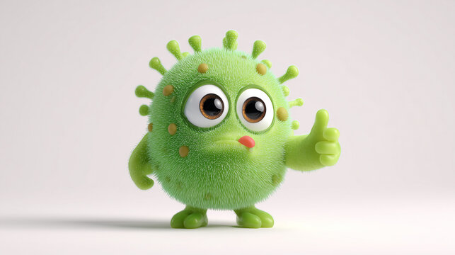 Cute green cartoon germ character with expressive eyes and thumbs up gesture, showcasing playful bacteria mascot and fun medical illustration.