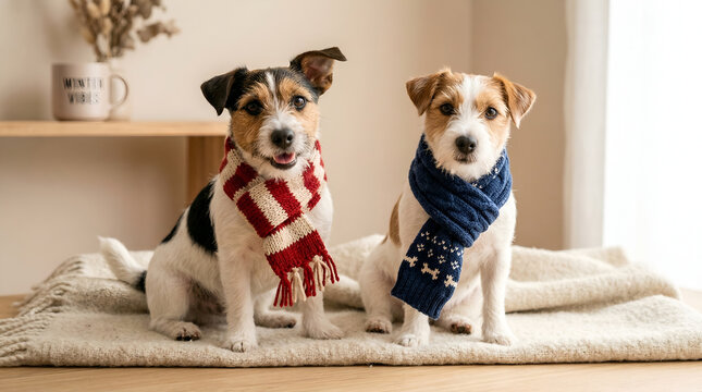 Winter Back Home Pet Fashion And Winter Style, Two Jack Russell Terriers Wearing Scarves, Dog Clothing And Accessories, Generative AI.