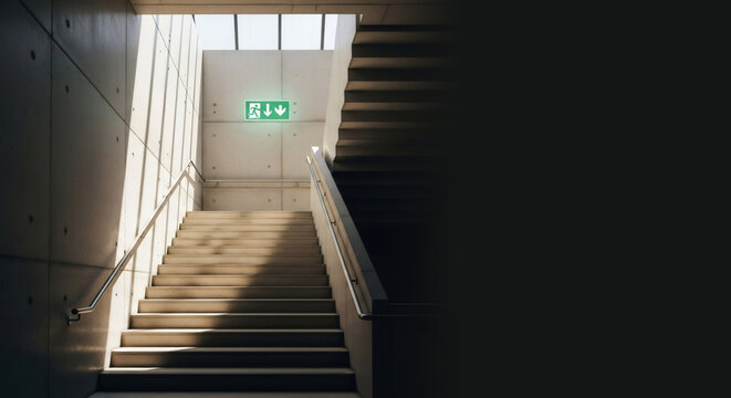 Green emergency exit sign above stairwell in modern office building. Evacuation route in case of fire. Safety instruction for fire prevention and building management in dark space.