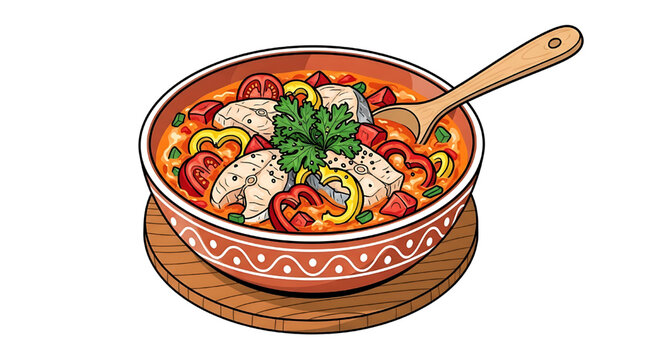 Moqueca, a traditional Brazilian dish made with fish fillets. It can be prepared with fish, shellfish, crustaceans, bell peppers, tomatoes, garlic, and spices. Cartoon-style image.