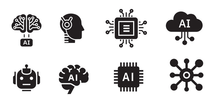 Artificial intelligence AI icon set. Black silhouette tech symbols for machine learning and robotics.