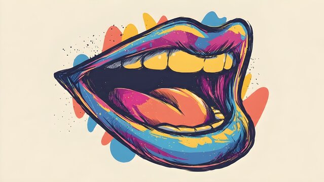 A bold, psychedelic pop art illustration featuring wide-open, vibrant multicolor lips with yellow teeth and a deep red tongue, surrounded by playful paint splashes and dots. Distinctive & unique.