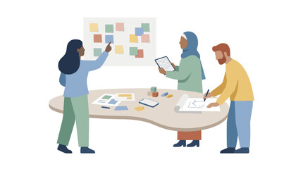Fototapeta premium Diverse team of professionals collaborating in a modern creative workshop environment. EPS Editable. Vector Illustrations.